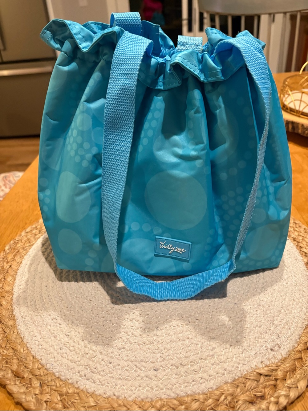 thirty-one Bright Teal Polka Dot Drawstring Insulated Tote